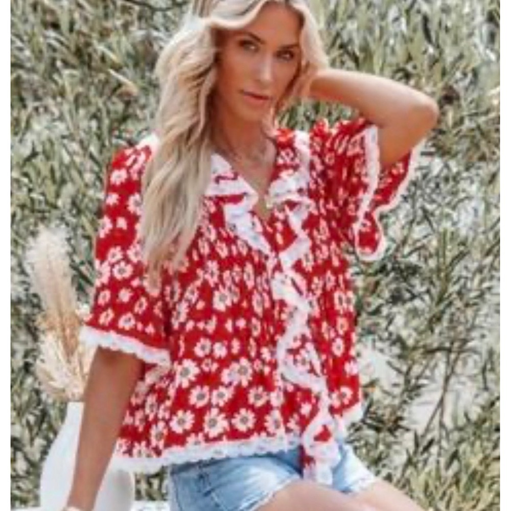 POL Sz M Red Daisy Floral Lace Trim Ruffle Crop Top Blouse Boho